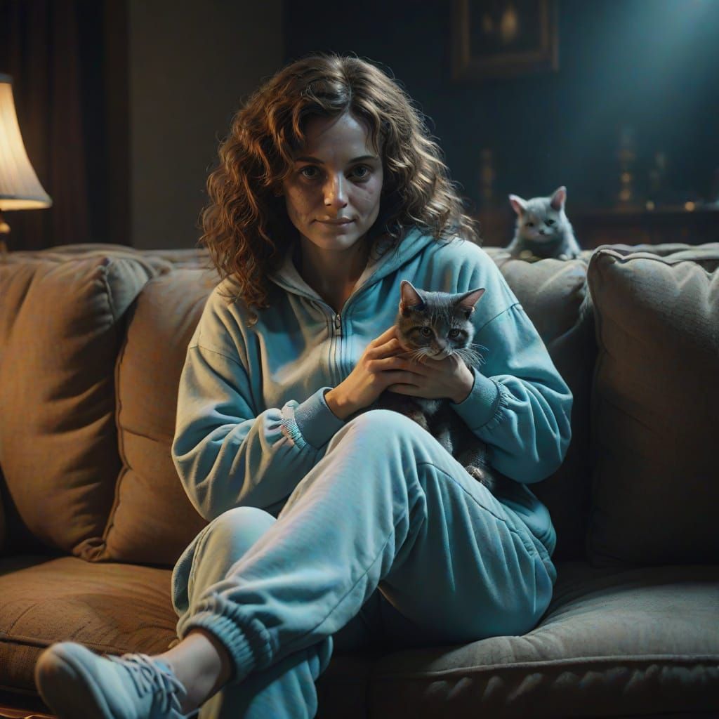 Eerie Cinematic Portrait of Woman with Kitty