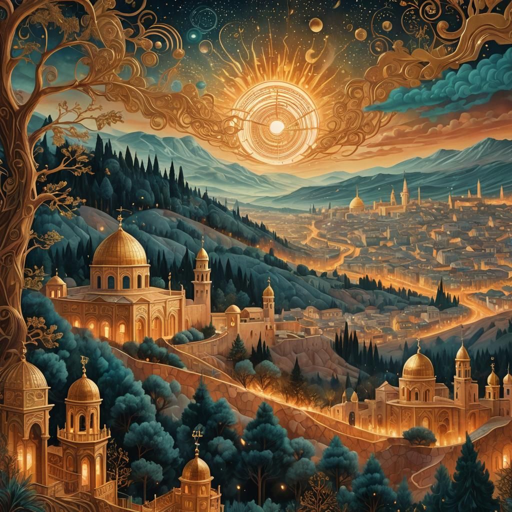 Mystical Jerusalem Cityscape in Vibrant Astral Art