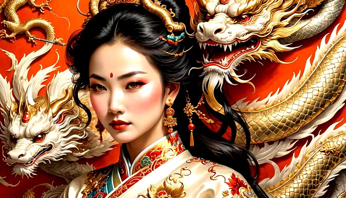 Ivory Chinese Dragon with Woman in Costume