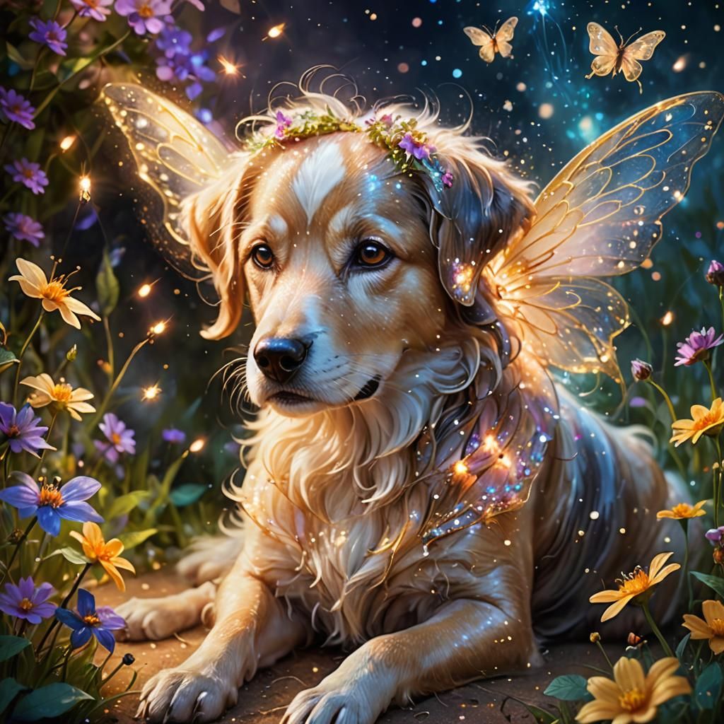 Whimsical Fairy and Dog in Impressionistic Style