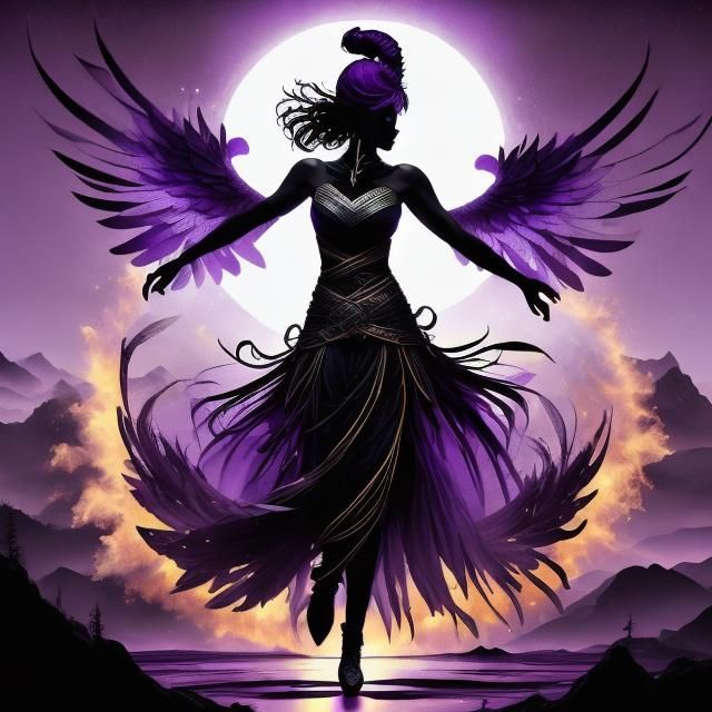 A Young Woman with Angelic Wings in a Vibrant Purple Hues