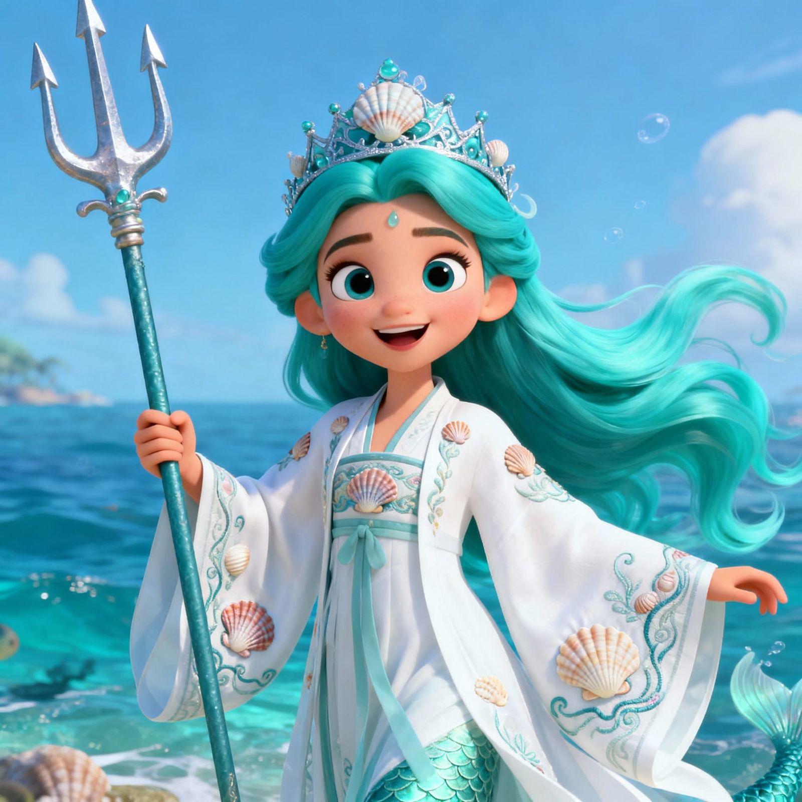 Young Sea Goddess Poseidonia in Classic Disney Animation Sty...