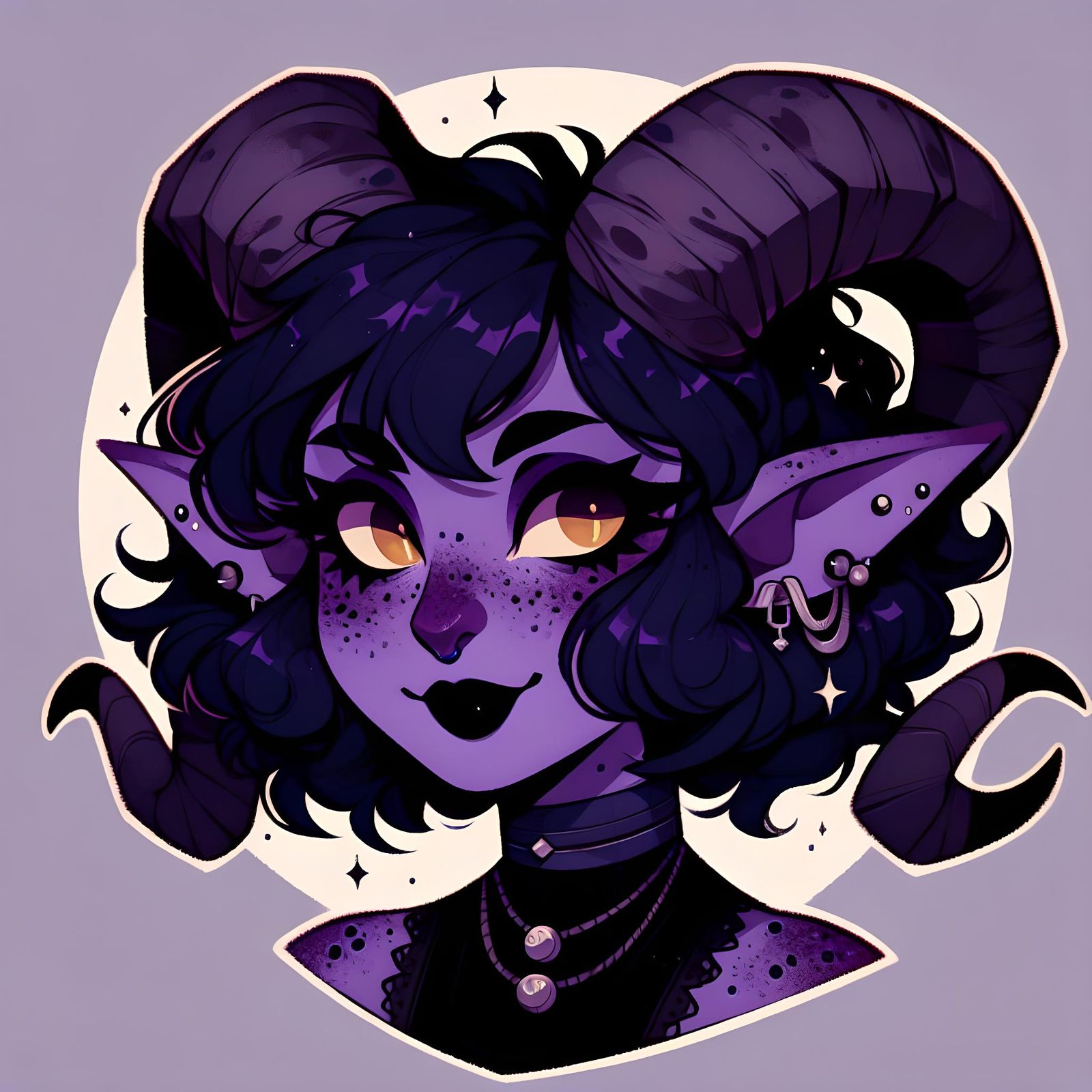 Tiefling Cartoon Character with Lavender Skin and Amber Eyes