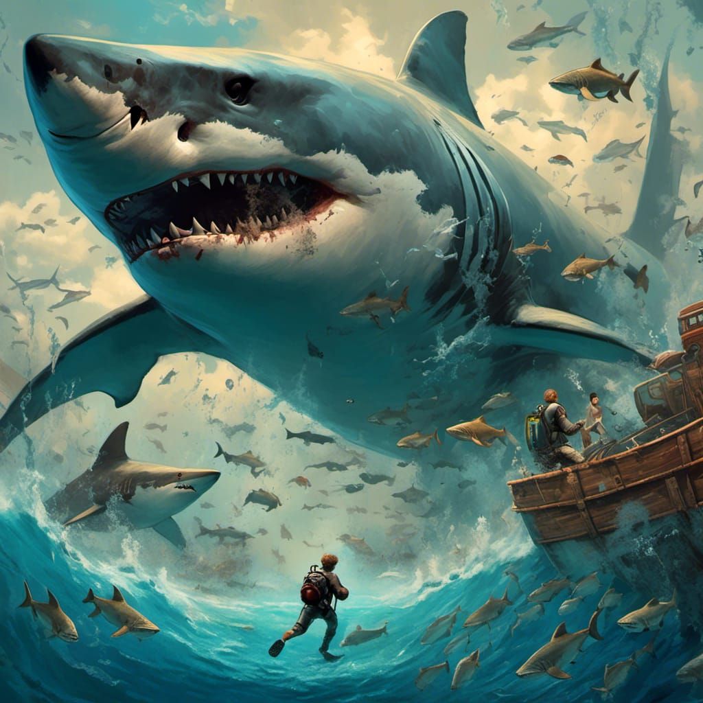 Diver and Shark with Dog in Ocean