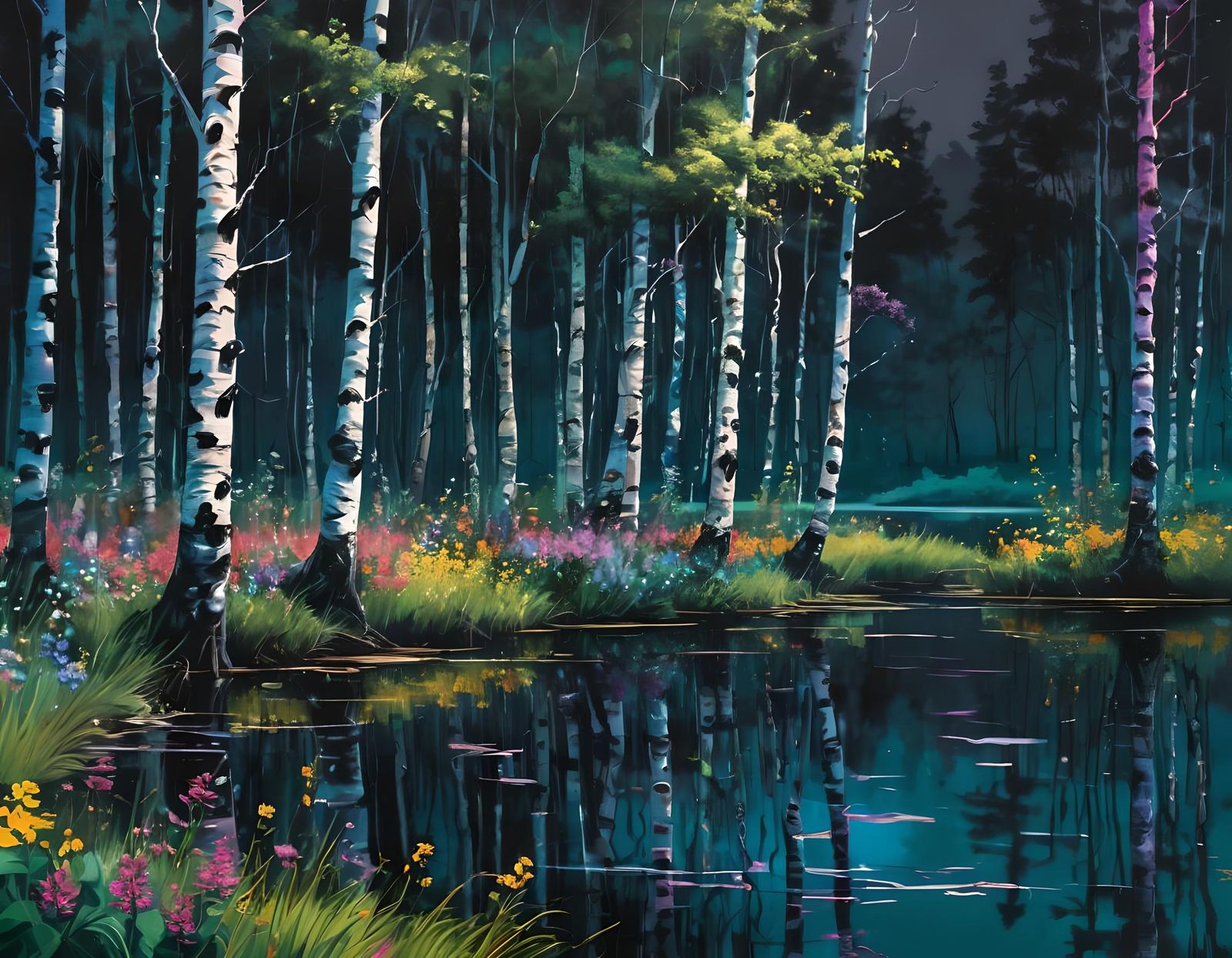 Birch Trees and Wildflowers in Oil Painting