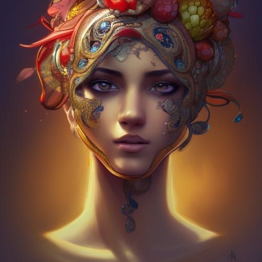 Tiger Portrait with Fruit Hat, Hyperdetailed Splash Art