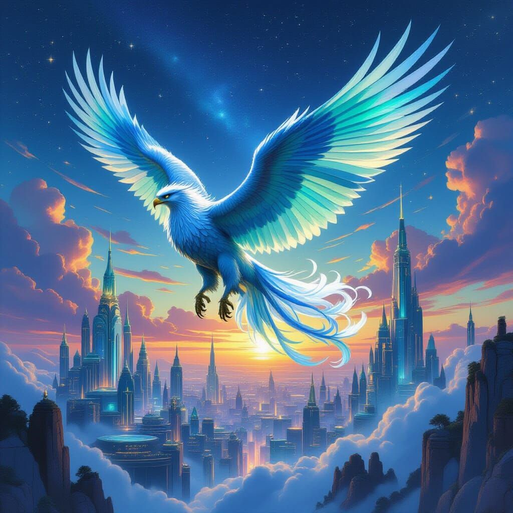 Griffin Soaring Through Celestial Cityscape at Twilight
