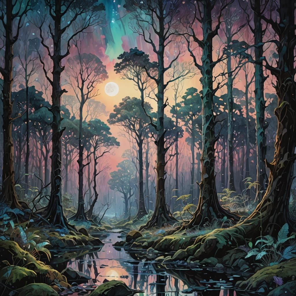 Iridescent Crystal Forest Landscape at Dusk