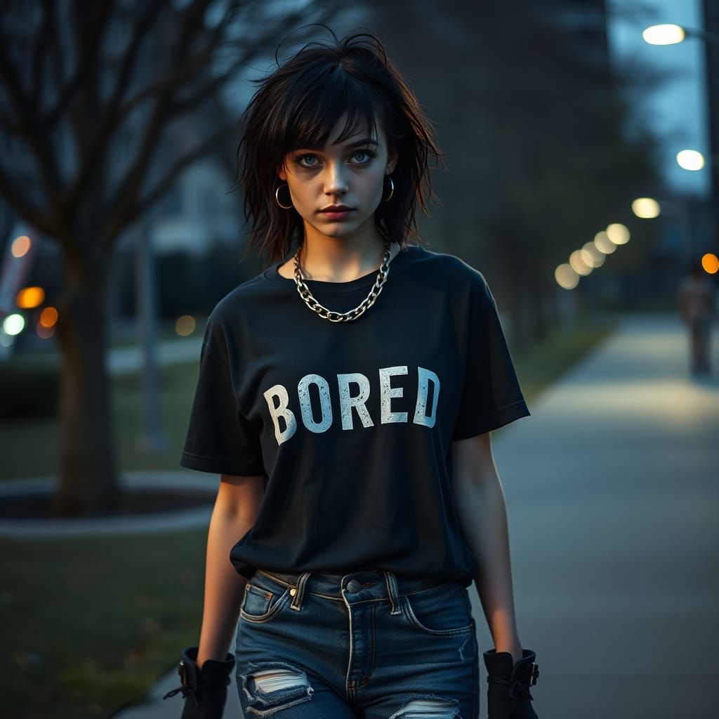 Punk Woman in Urban Park: Cinematic Chiaroscuro