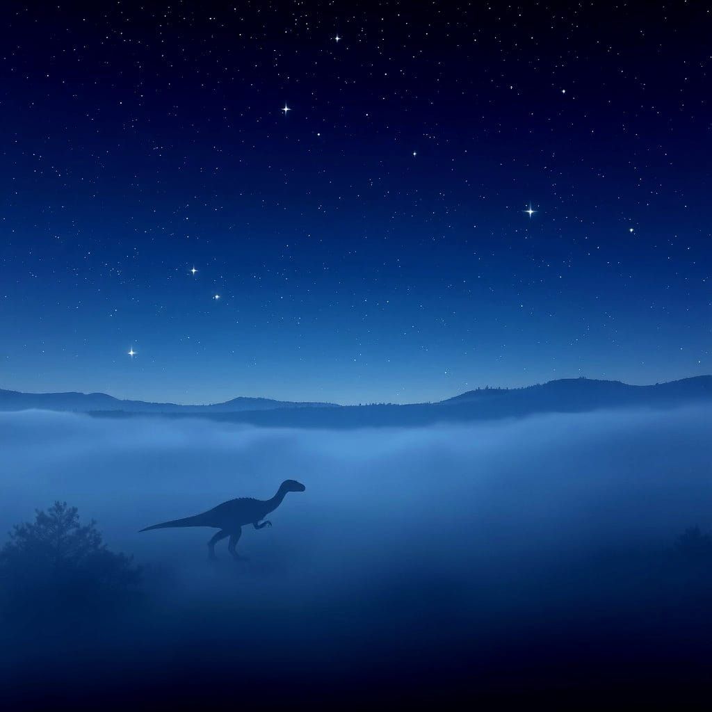 Dinosaurs Roam Under Starry Sky in Mysterious Fog