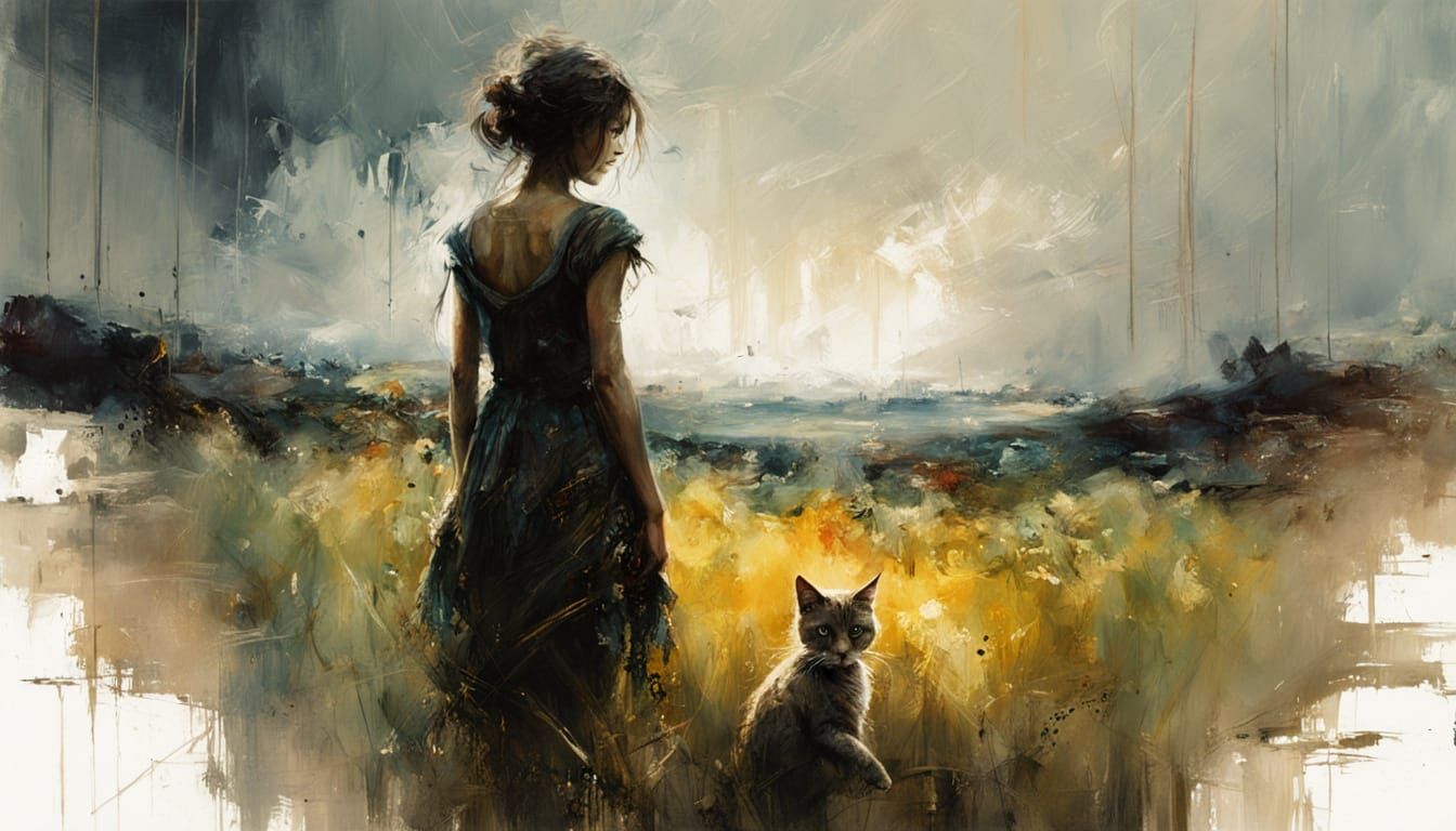 Sunlit Meadow Scene with Girl and Cat, in Vibrant Oil Painti...