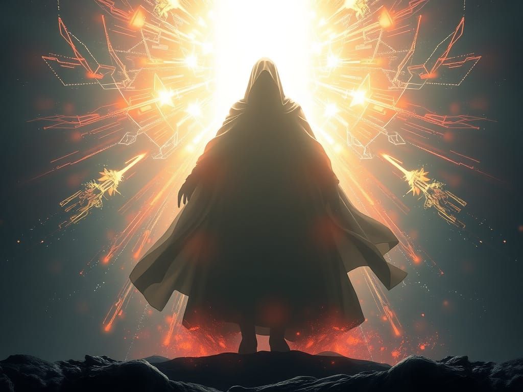 Mystical Figure Surrounded by Light in Cyberpunk Style