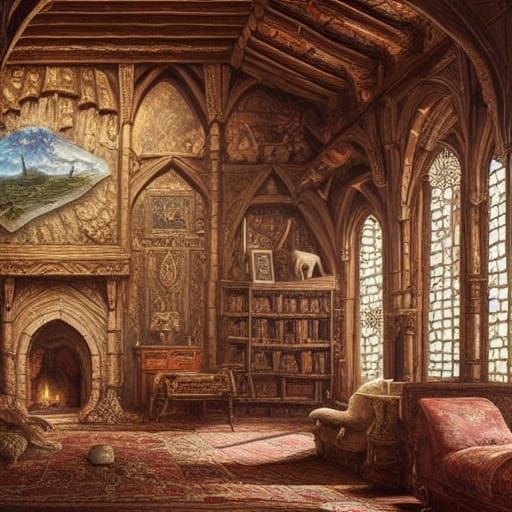 Medieval Castle Great Hall with Fireplace and Tapestries