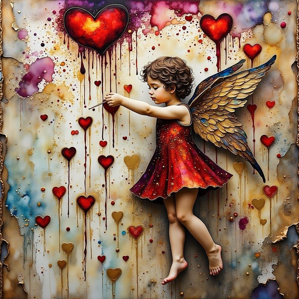 Whimsical Girl Cupid Paints Love in a Dreamlike Scene
