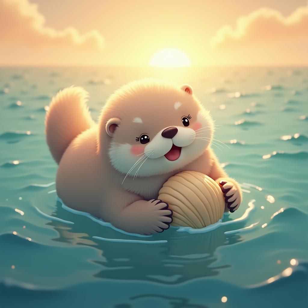 Adorable Sea Otter with Seashell in Anime Style