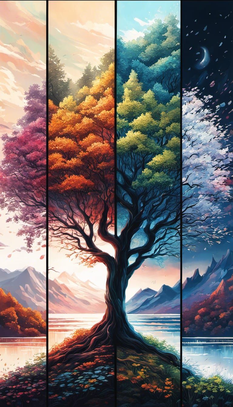 Four Seasons Tree Painting in Anime Style