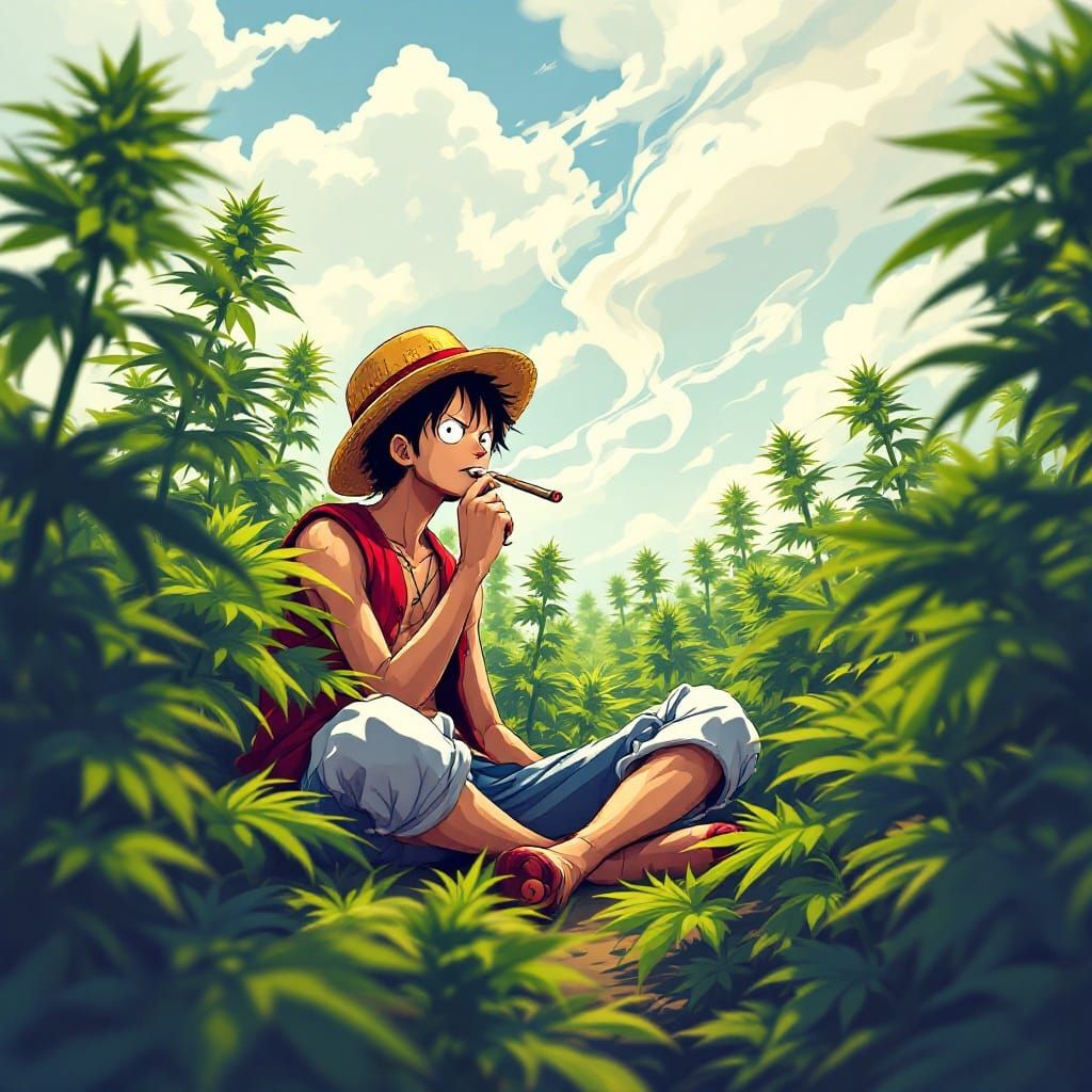 Monkey D Luffy in a Vibrant Cannabis Field