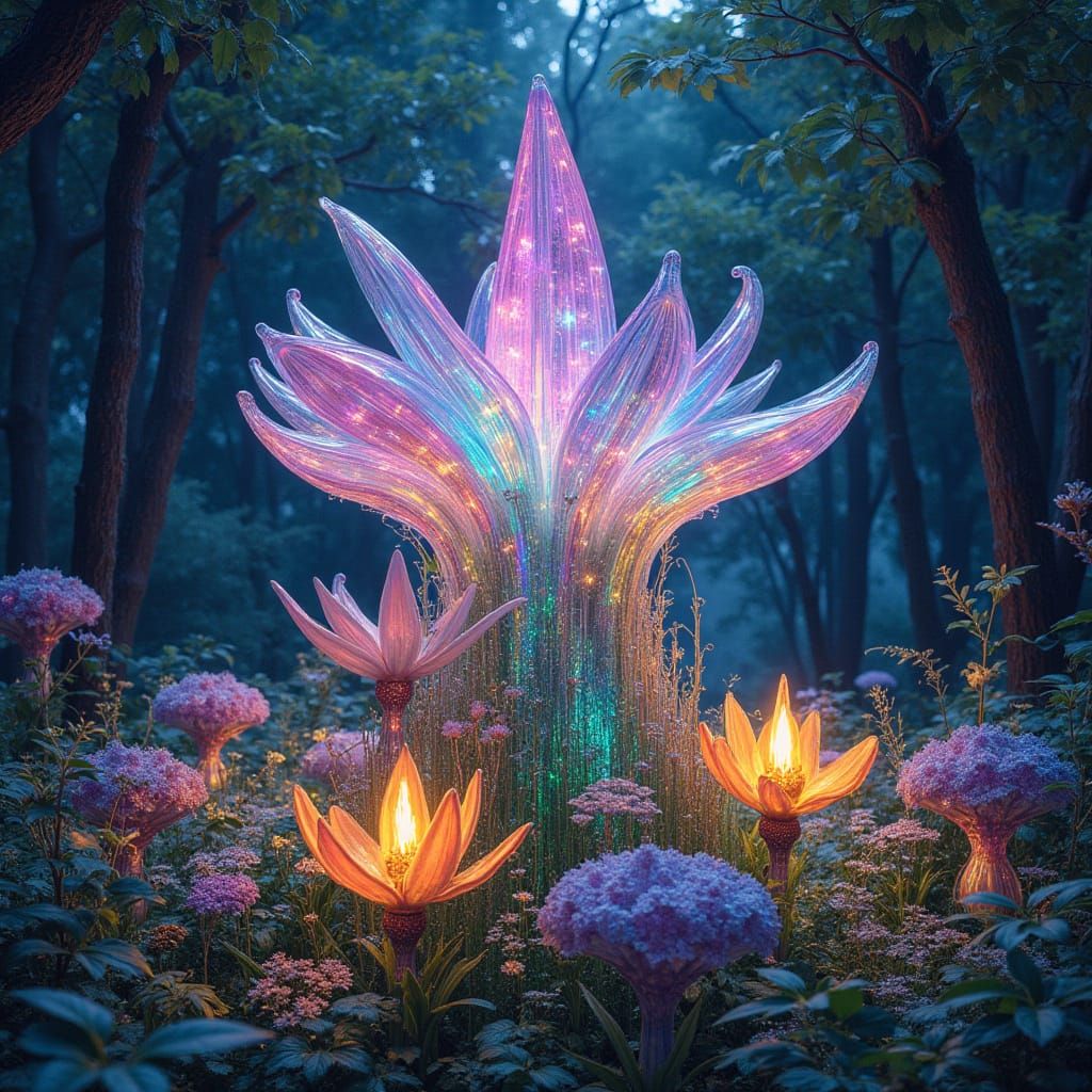 Glass Sculpture in Starlit Grove: Watercolor Double Exposure