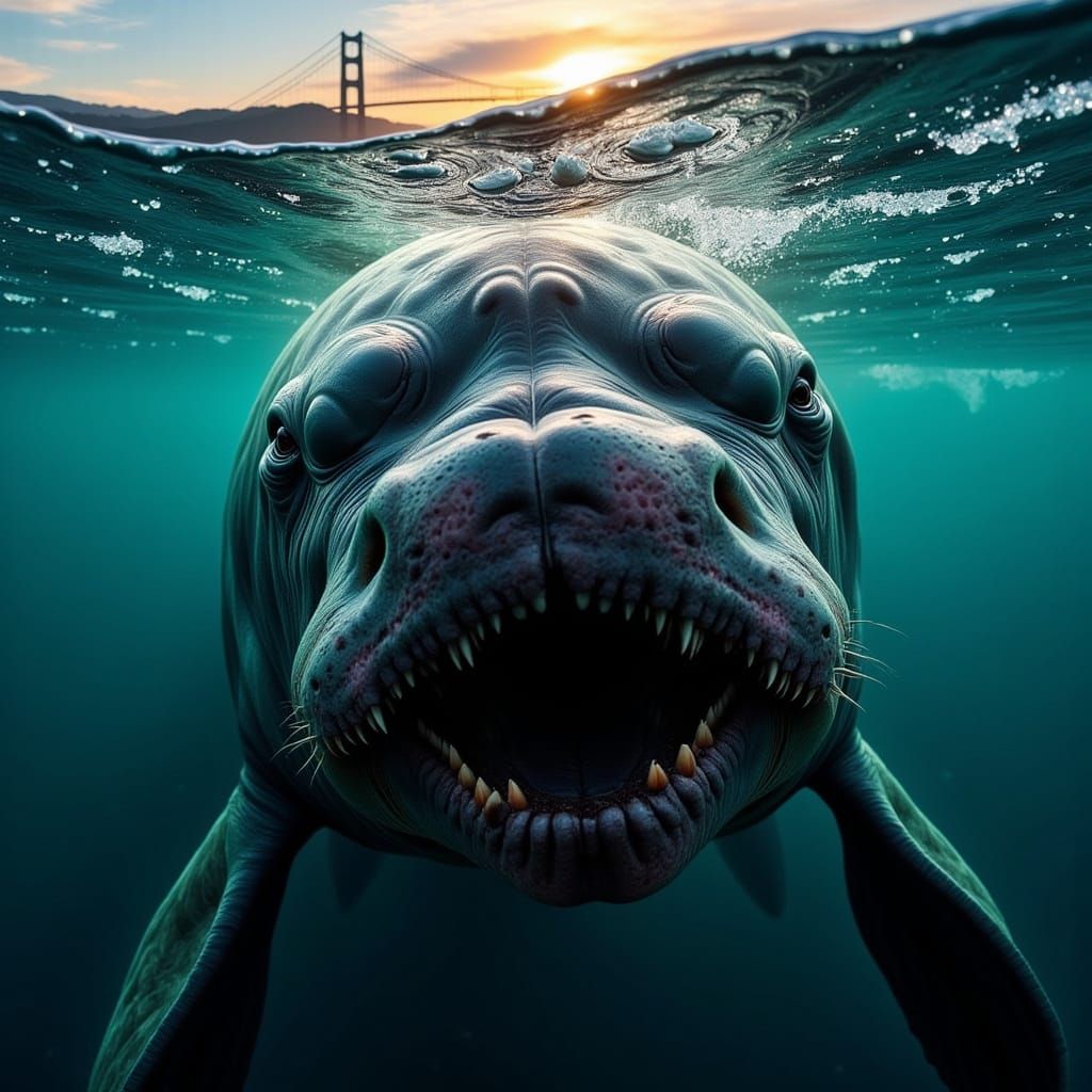 Blue Whale Below Bay Bridge at Sunrise, Photorealistic