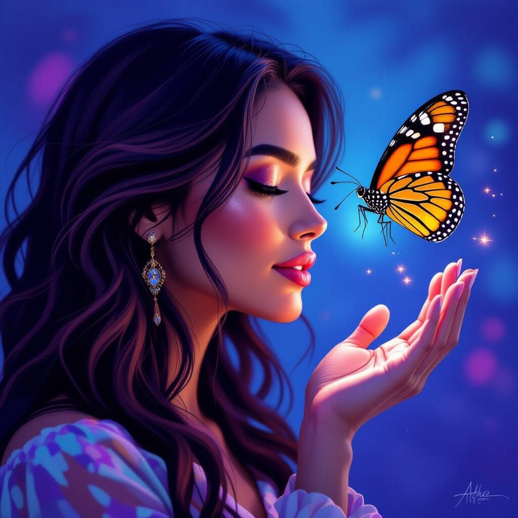 Hispanic Woman with Flowing Hair and Moth, Hyperrealistic St...