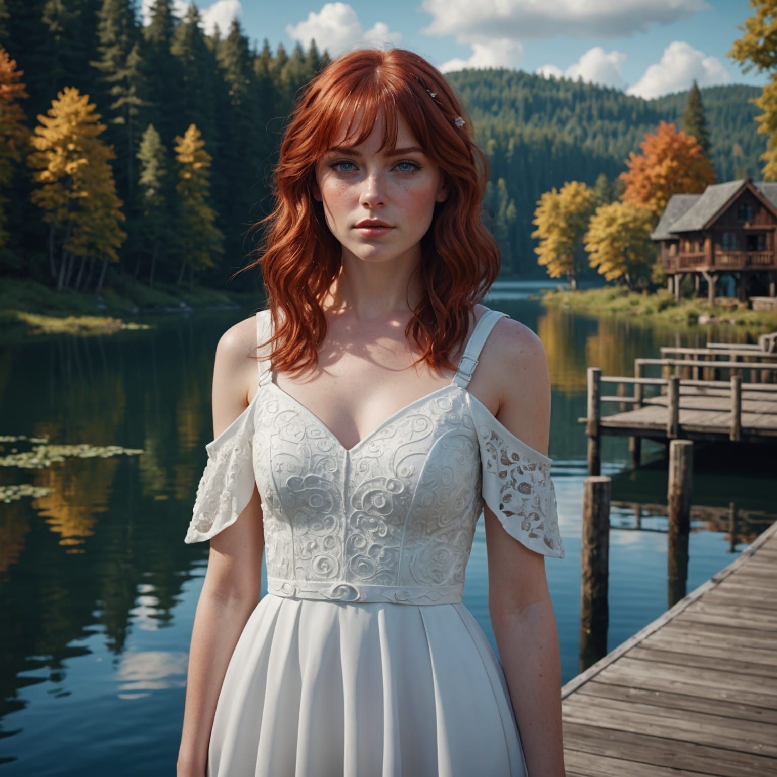 Red Haired Woman on Dock, Fantasy Concept Art