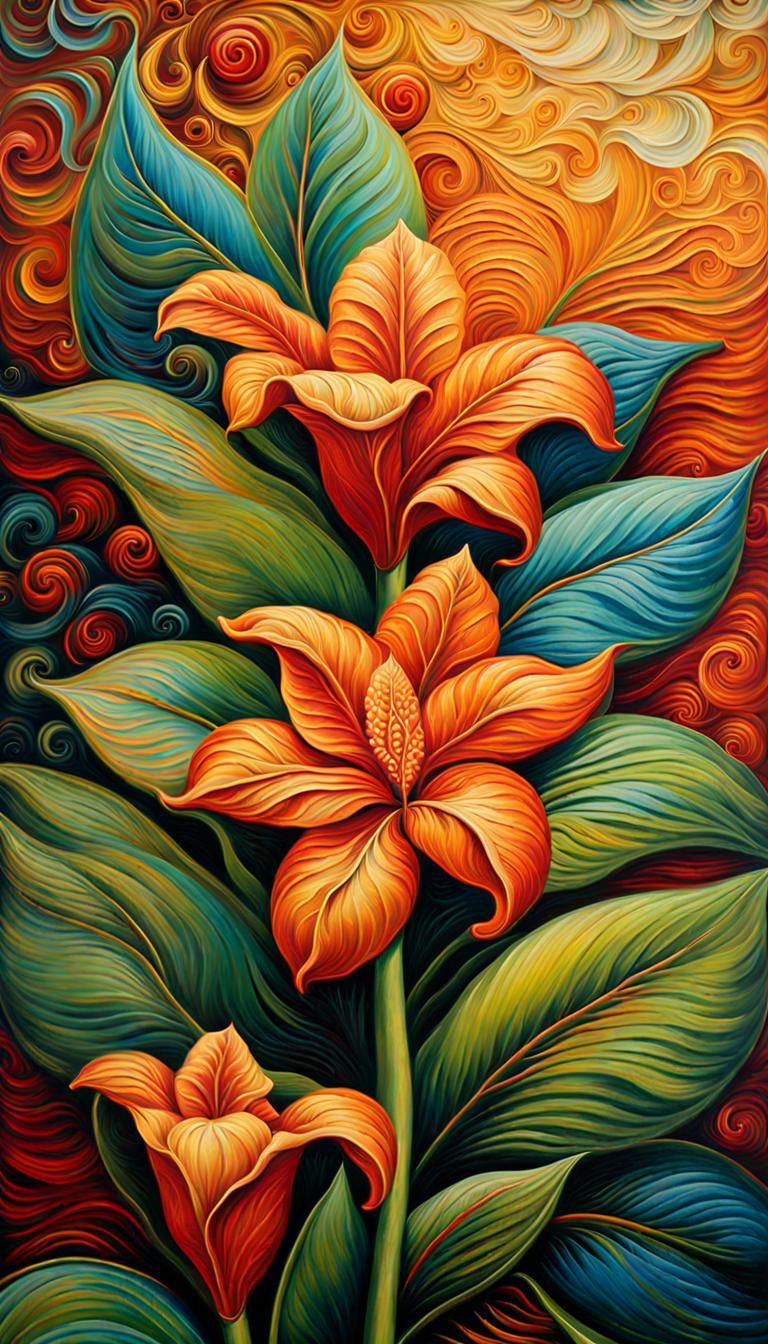 Vivid Ginger Flower Impasto Oil Painting