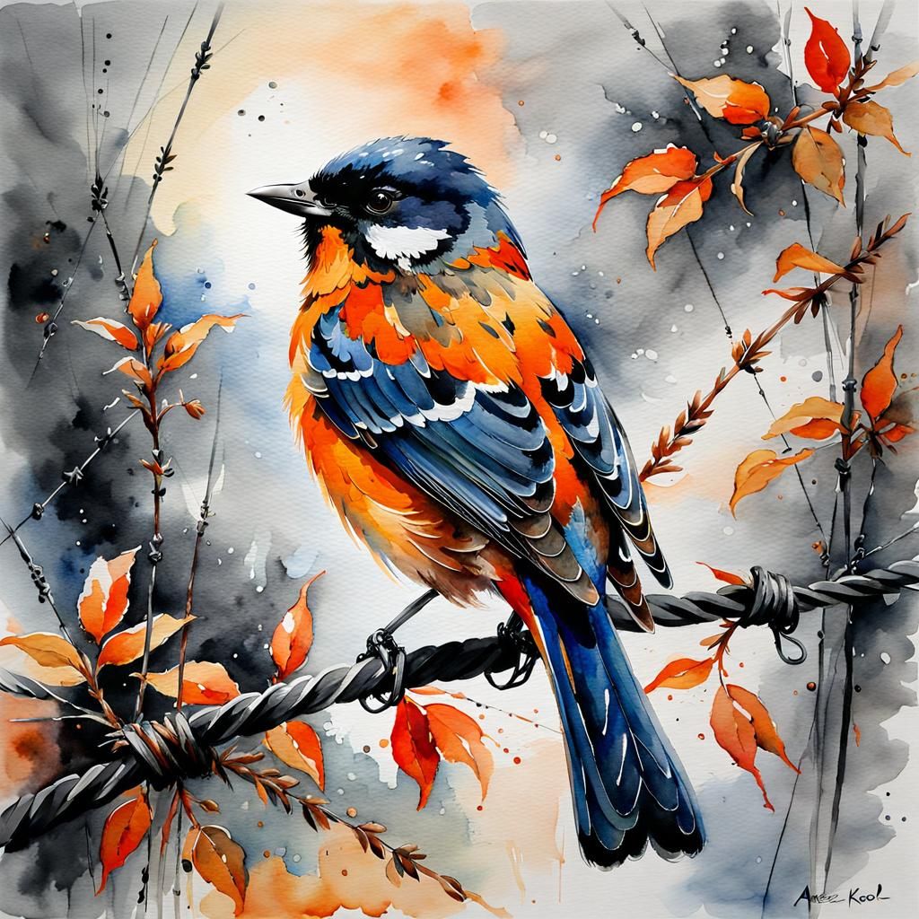 bird on a barb wire fence