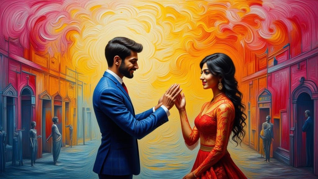 Vibrant Impasto Oil Painting of Figures Greeting