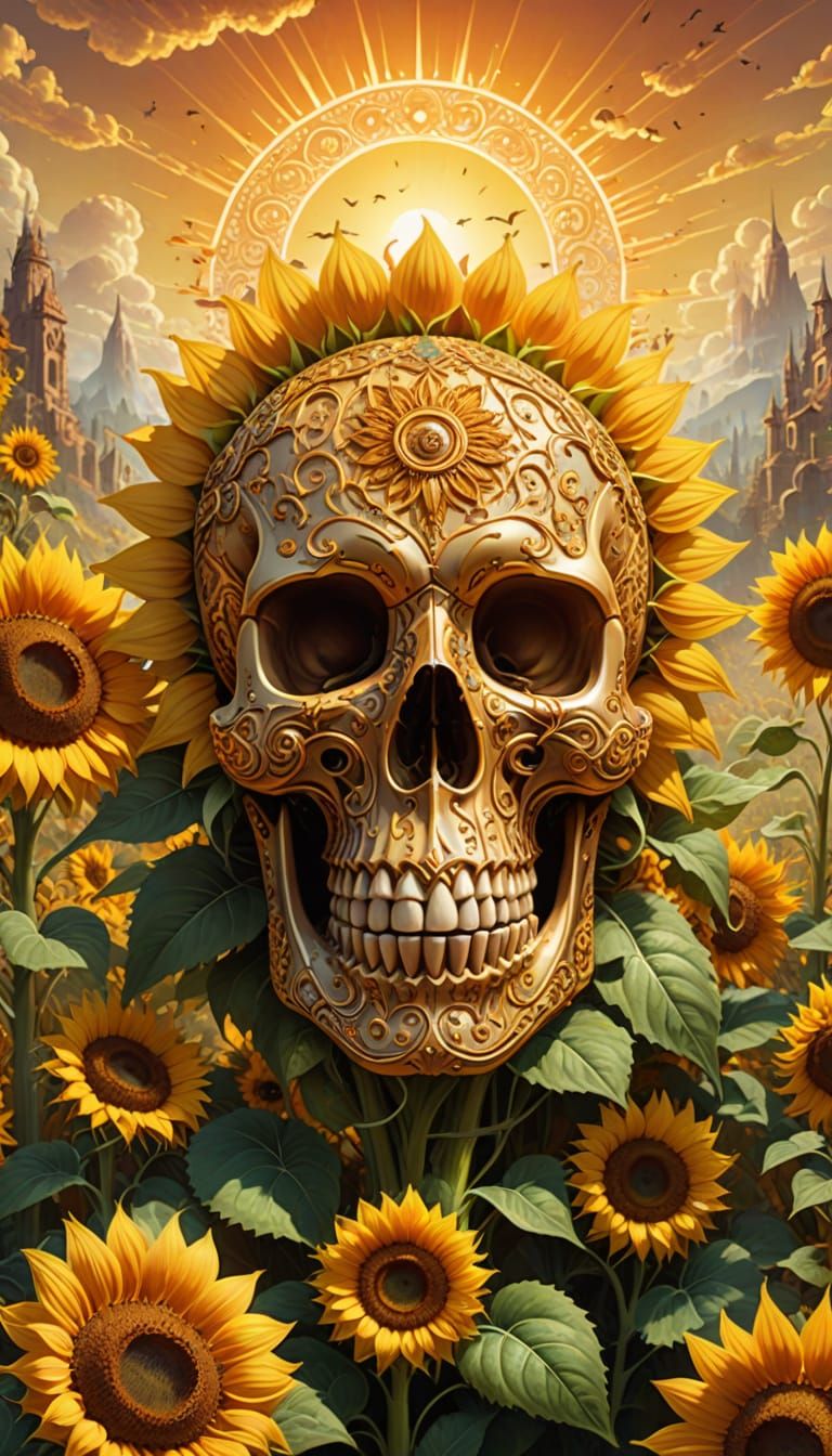 Vibrant Psychedelic Artwork of Sunflowers and Skulls in Warm...