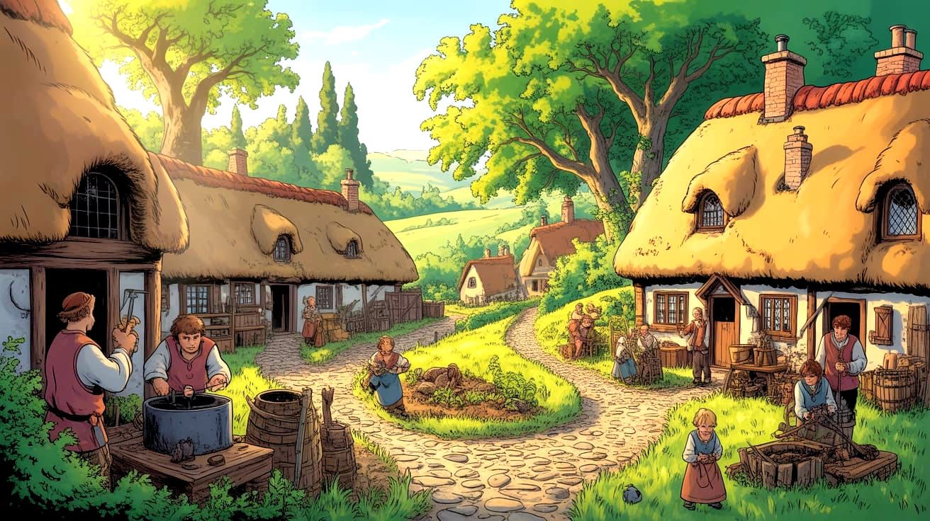 A small Medieval village nestled in a valley in Medieval Eng...