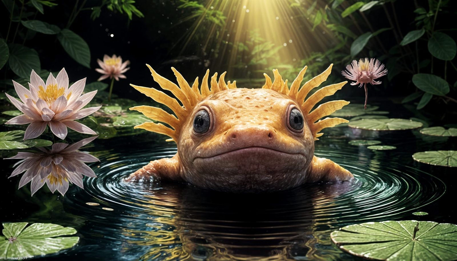 Cute Axolotl in Pond with Cinematic Lighting