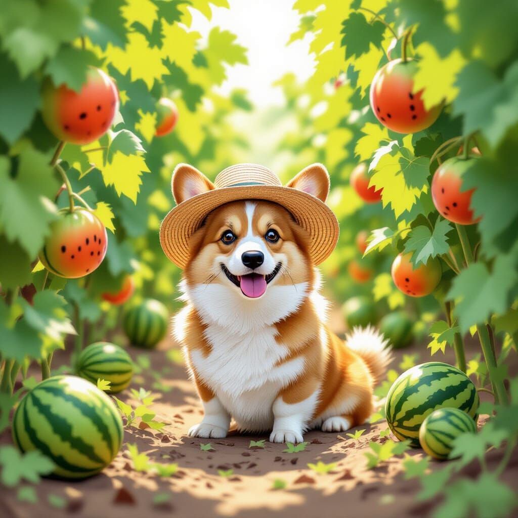 Corgi in Watermelon Patch with Straw Hat