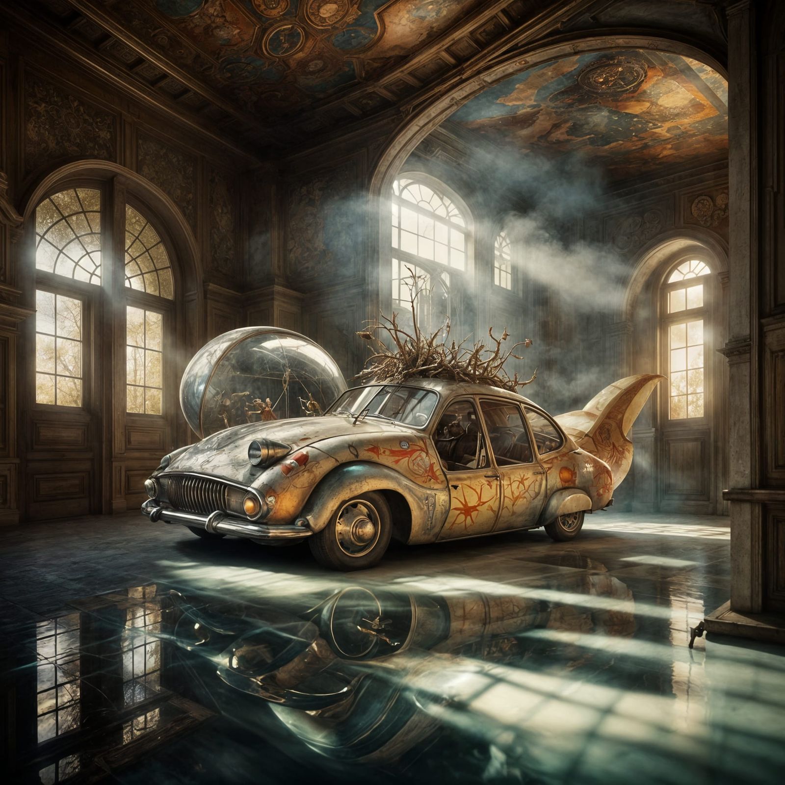 Surreal Racing Cars Under a Rising Sun