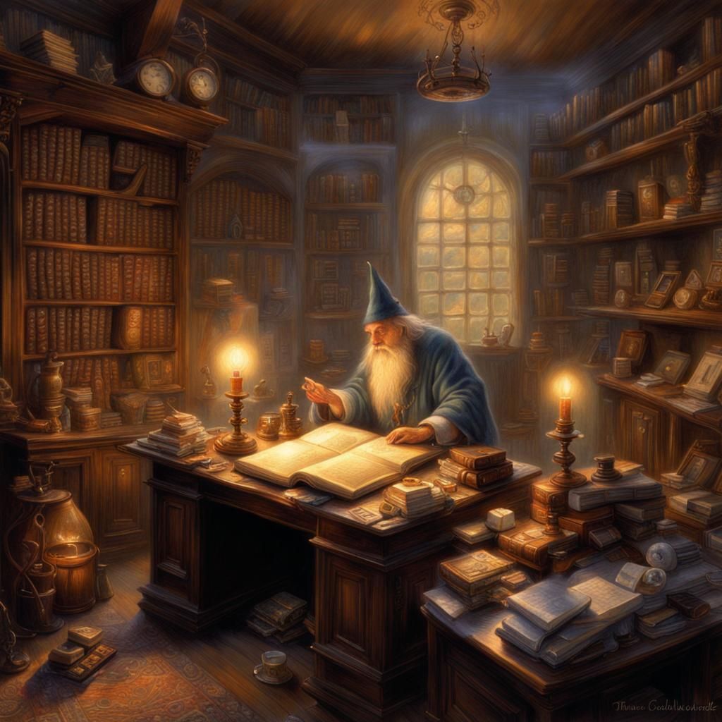 Mystical Wizard's Office with Ancient Tomes and Artifacts