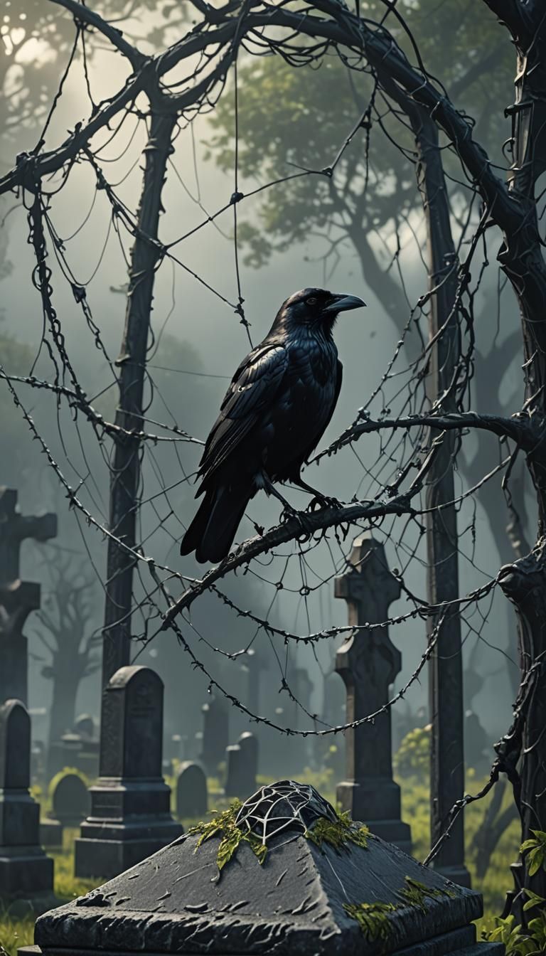 Cemetery Raven with Spiderweb, Digital Matte Painting