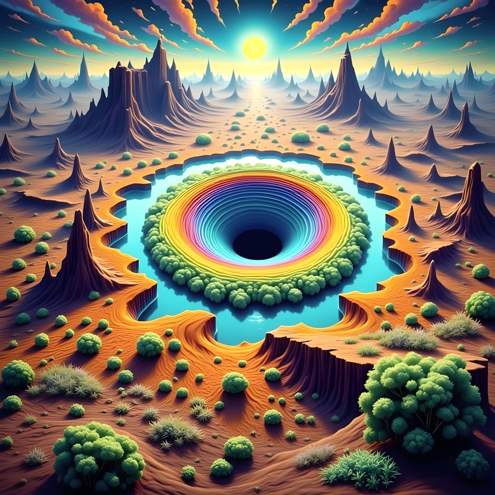 Vibrant Rainbow Vortex in Ethereal Landscape