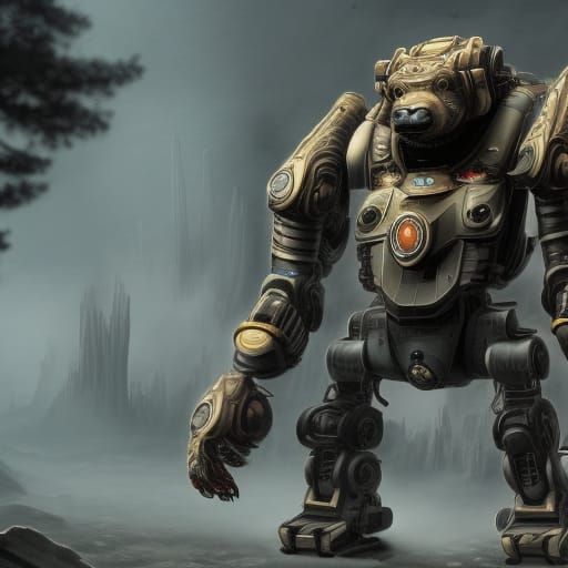 Epic Grizzly Combat Robot in Digital Matte Painting