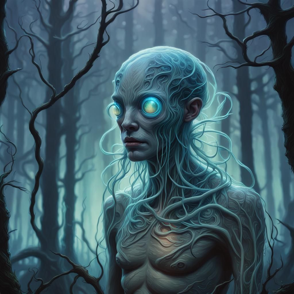 Iridescent Lifeform in Moonlit Forest, Hyperrealistic Style