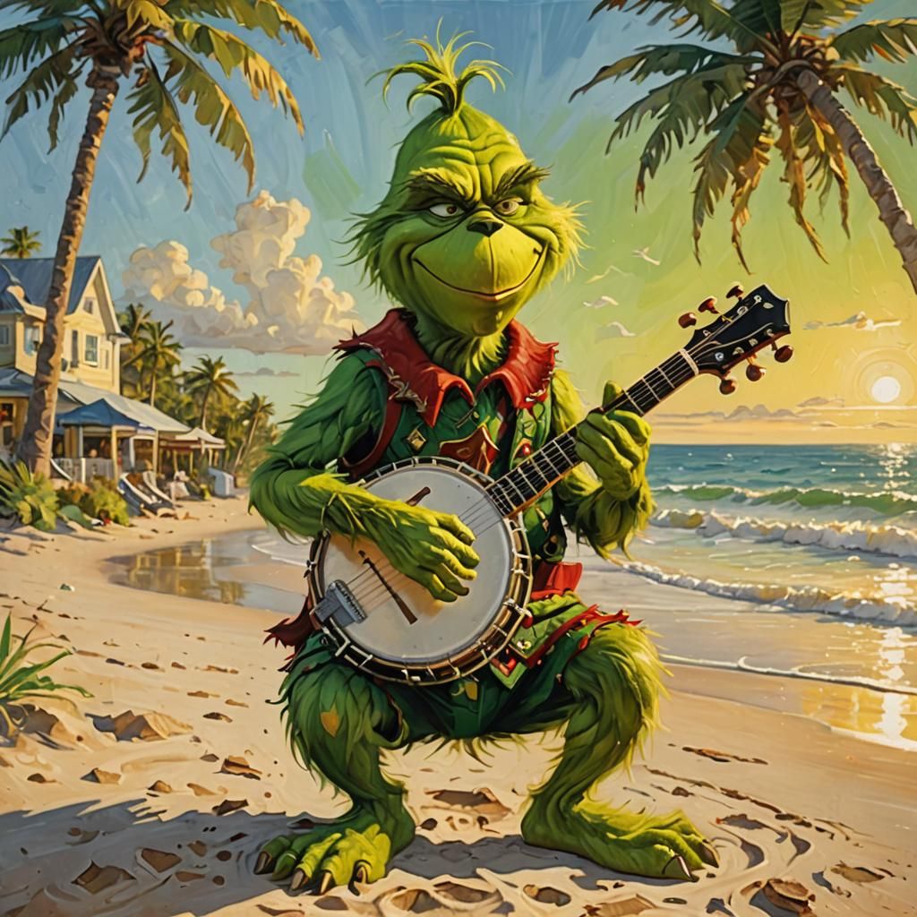 Grinch Plays Banjo on Beach in Impressionist Oil Painting