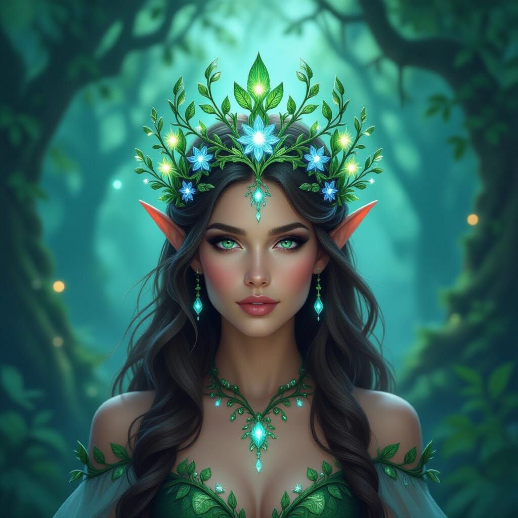 Majestic Fae Forest Queen in Bioluminescent Woodland