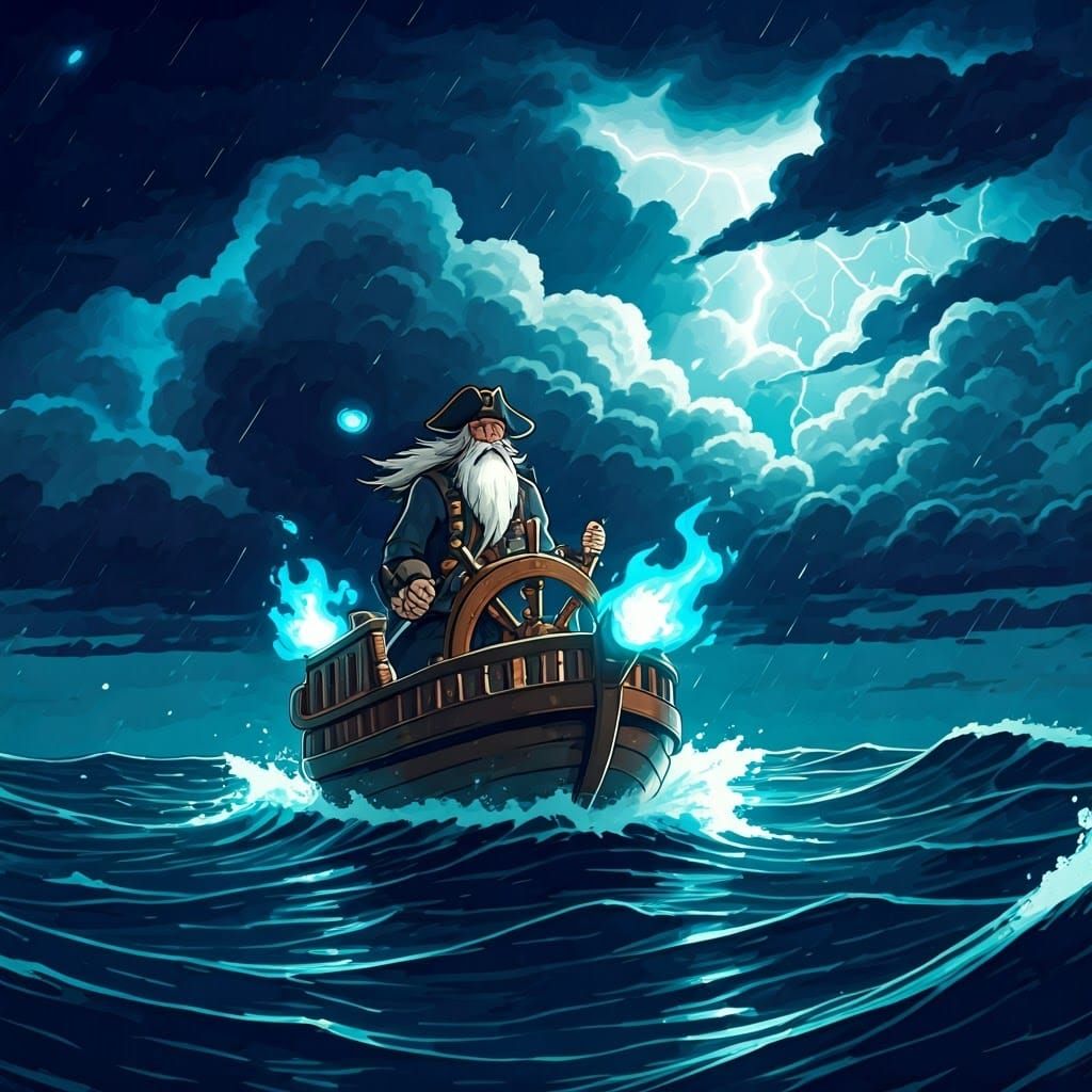 Grizzled Sea Captain Braves Stormy Skies with Ethereal Flame...