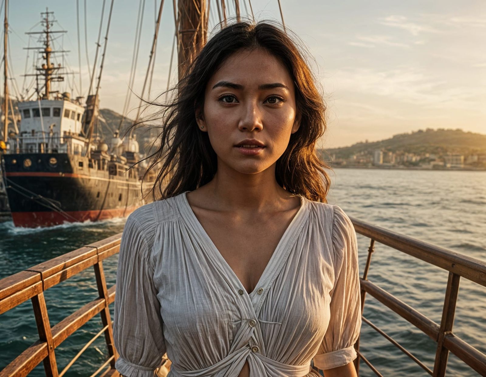 Medieval Asian Woman on Ship Watching Harbor
