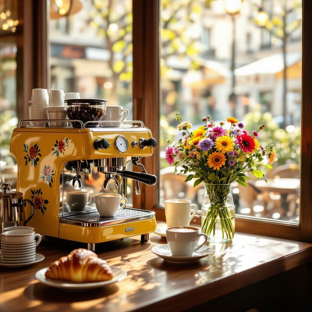 Cozy Parisian Cafe Interior with Vintage Espresso Machine