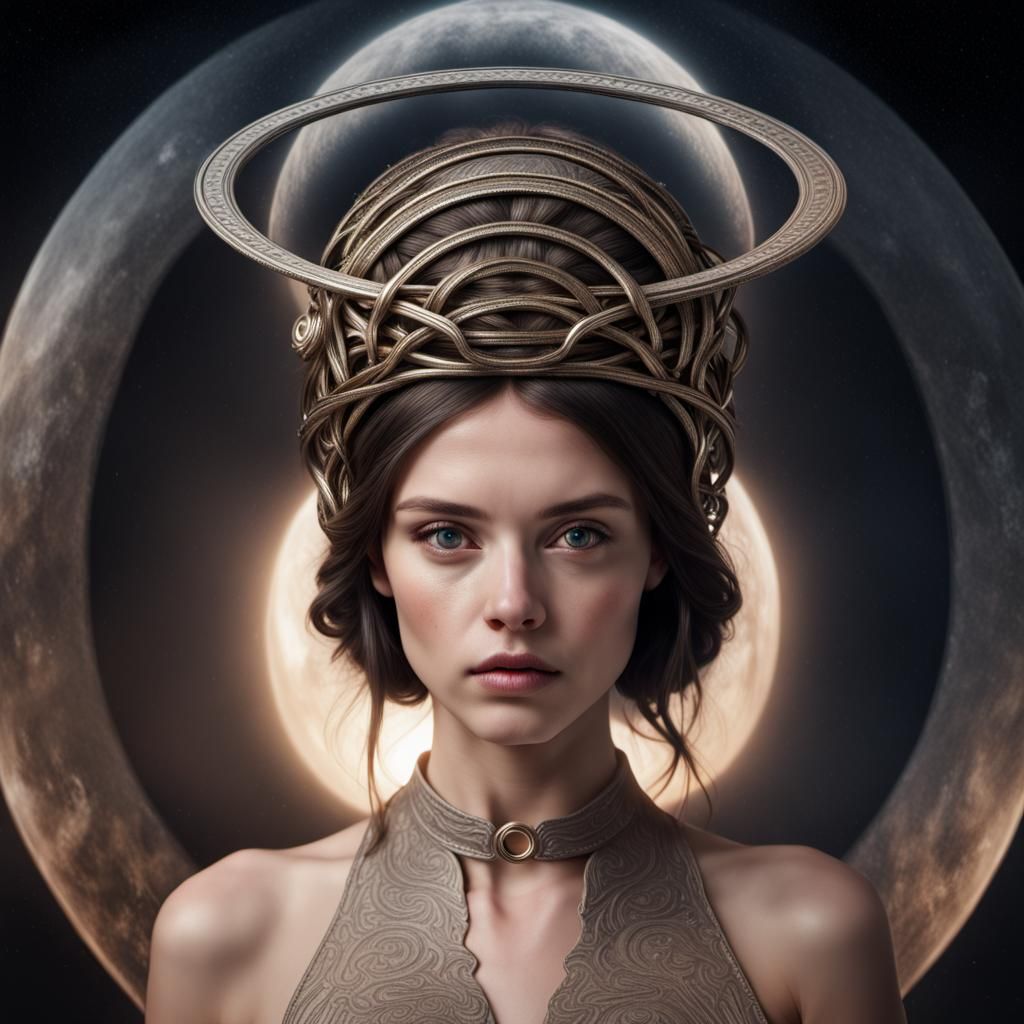 Brunette Model Wears Saturn Rings: Hyperrealistic Image