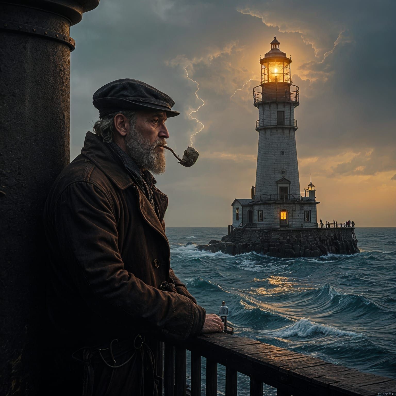 Lighthouse Keeper at Night in Rembrandt Style
