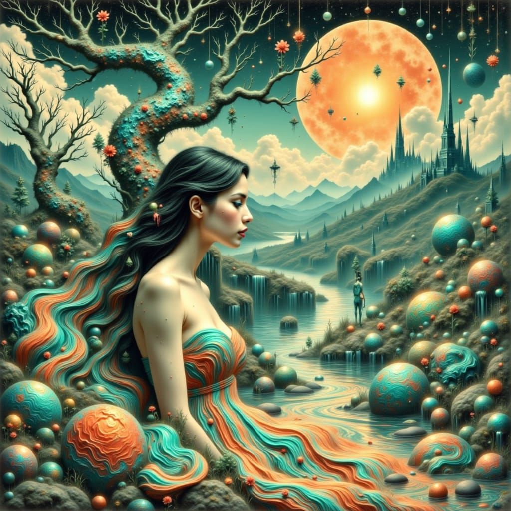 Mystical Ethereal Woman in Surreal Fantasy Landscape