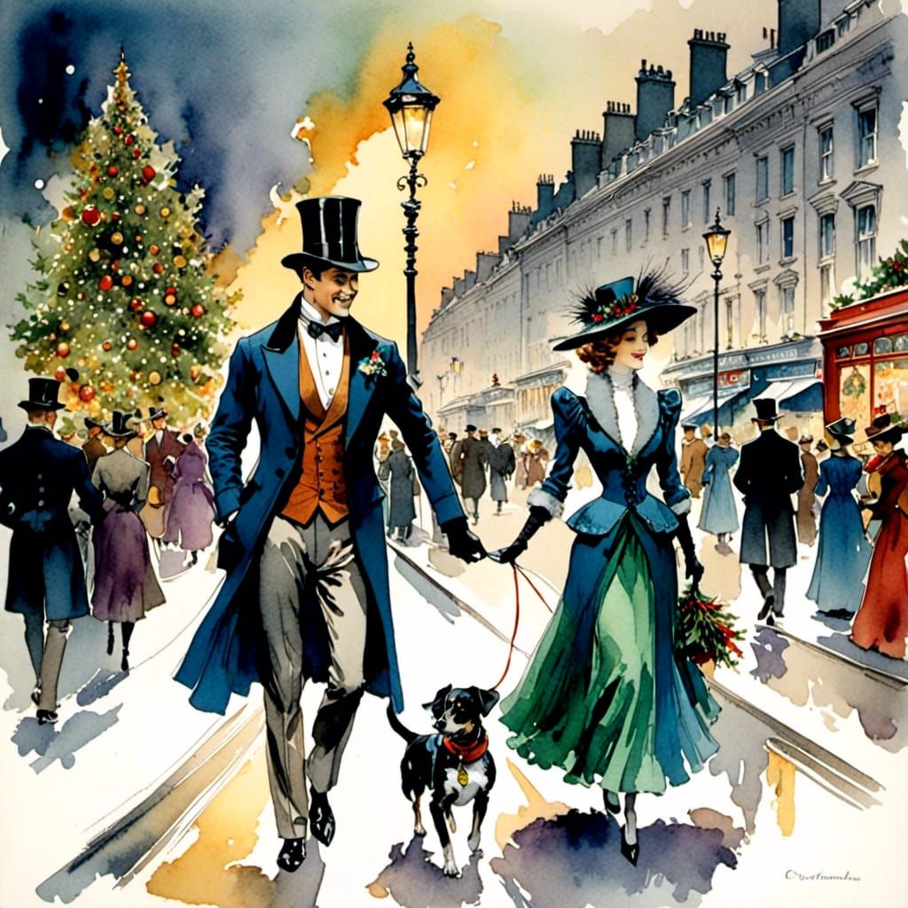 Christmas in London: 19th-Century Couple in Watercolor
