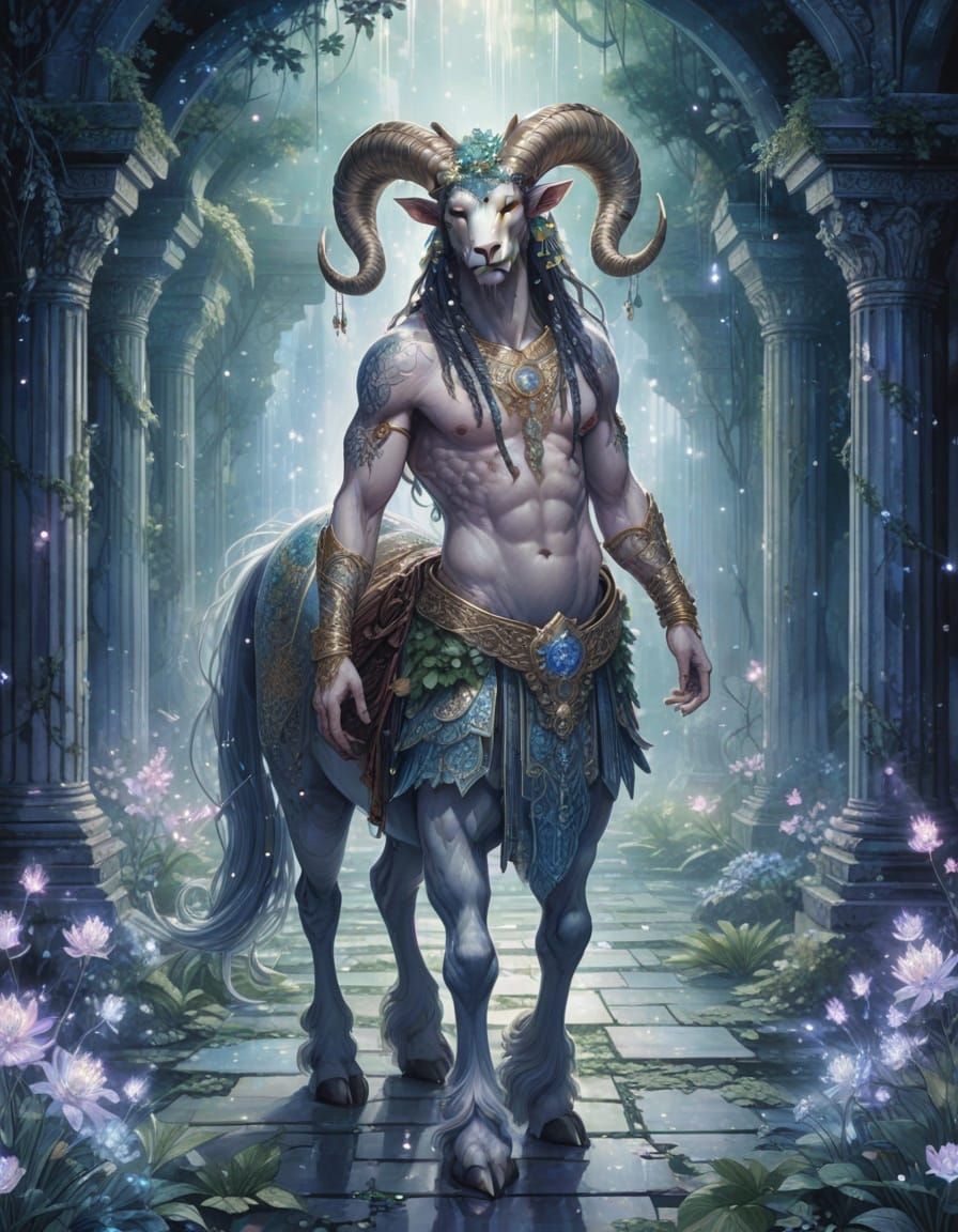 Magical Centaur in Ancient Temple, Yoshitaka Amano Style