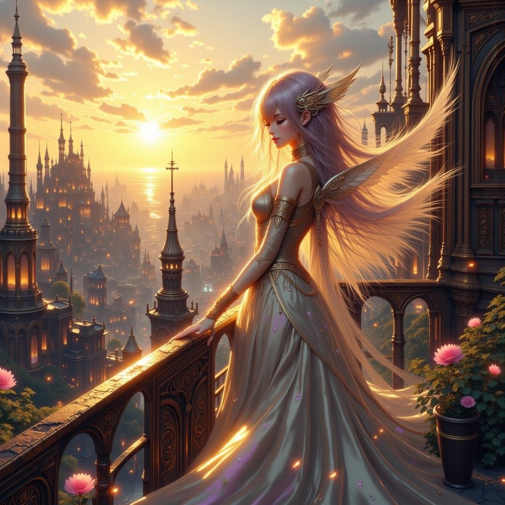 Whimsical Angelic Woman in Steampunk Attire Overlooking Futu...