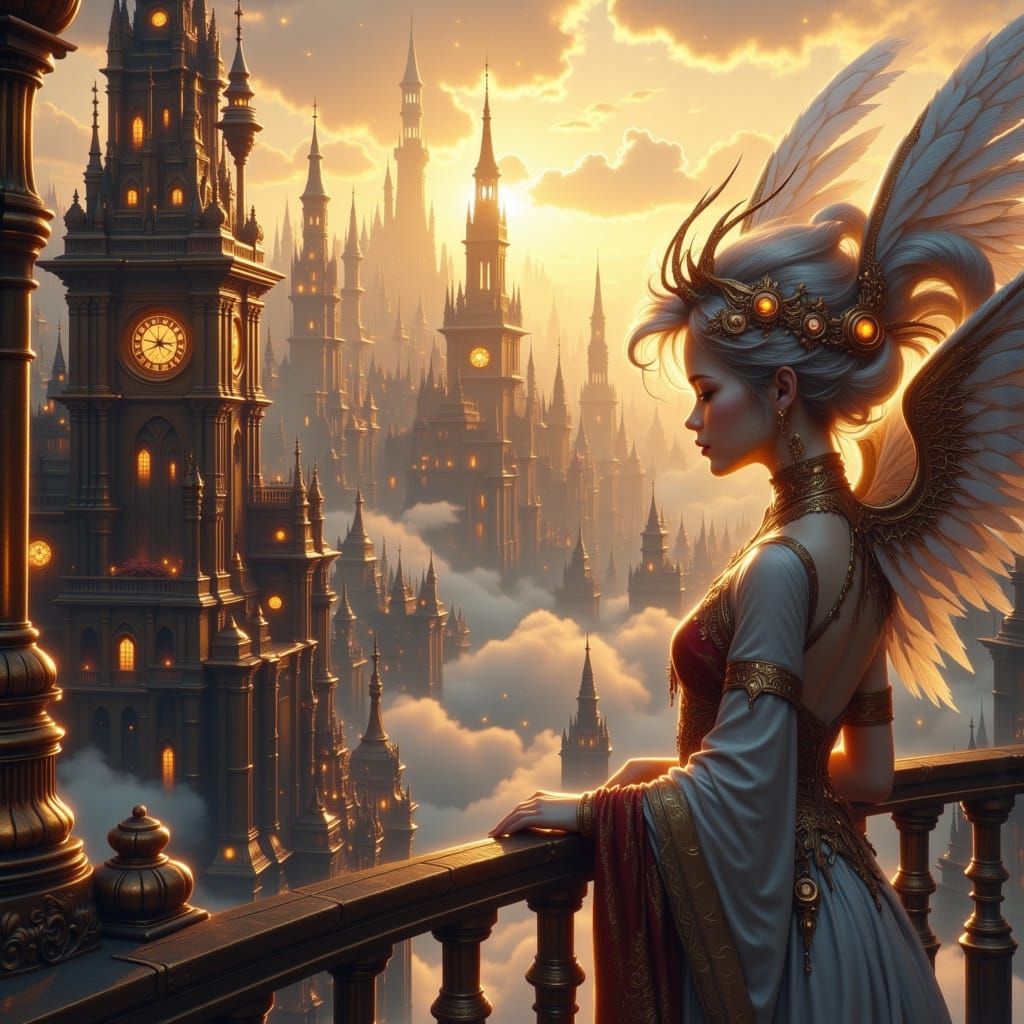Whimsical Angelic Woman in Steampunk City